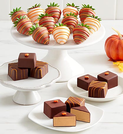 Pumpkin Cheesecake Bites™ With Gourmet Autumn Dipped Strawberries™